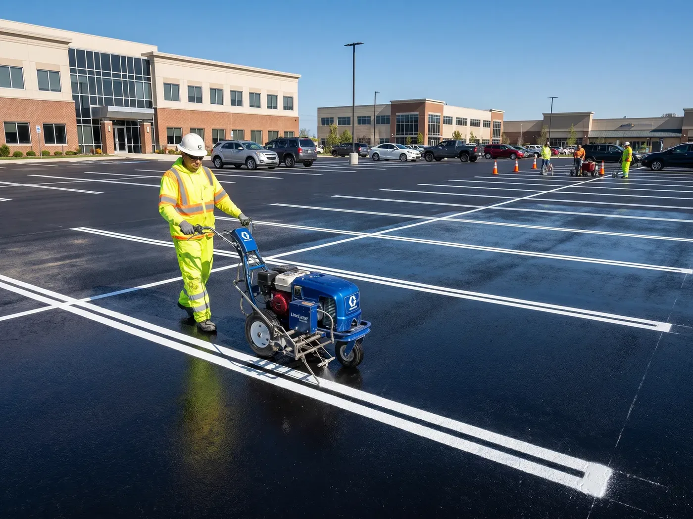 Worker in high visibility gear walking a line striping machine across a freshly sealed black parking lot, laying down white stall lines